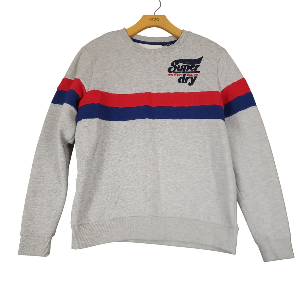 Superdry Athletic Sweatshirt Mens XS Gray Red Blue Stripe‎ Crewneck Pullover